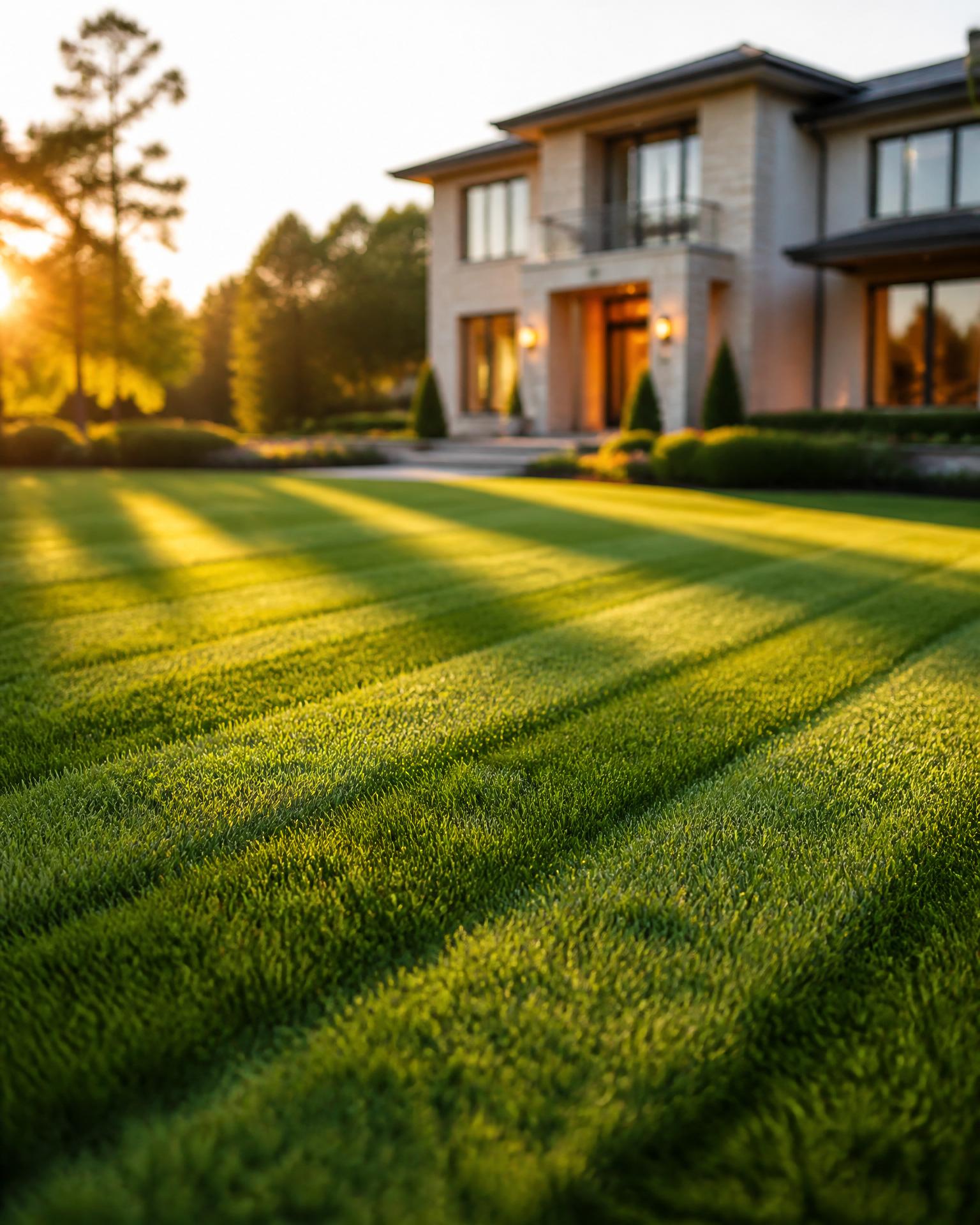 Pristine manicured lawn with crisp mowing stripes at golden hour in front of a luxury home